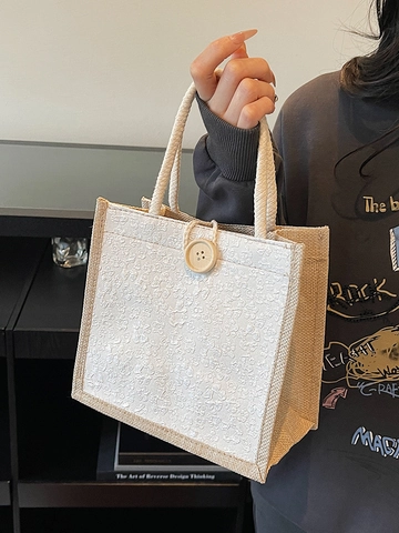 Damen Vintage Jacquard Leinen Shopper Lässig Baumwolle Seil Griff Handtasche Mit Holzknopf Kleine Jute Lunch Tasche