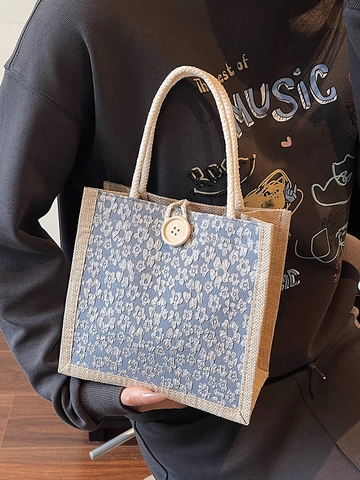 Damen Vintage Jacquard Leinen Shopper Lässig Baumwolle Seil Griff Handtasche Mit Holzknopf Kleine Jute Lunch Tasche