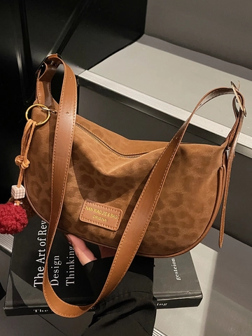 Fashion Leopard Print Hobo Bag Vintage PU Leather Shoulder Bag With Pom Pom Charm Casual Underarm Crossbody Bag For Women