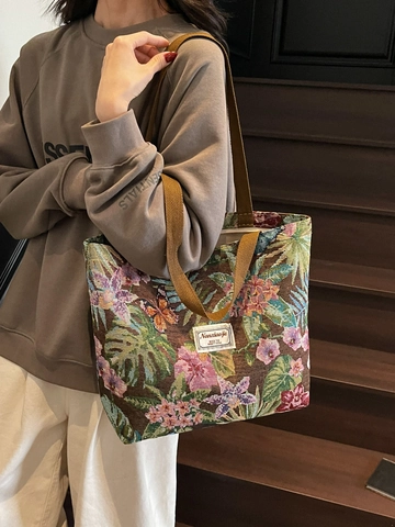Borsa Shopping in Tela Jacquard Floreale Stile Cinese Retrò Grande Capacità Borsa a Spalla Donna Pendolare Motivo Foglia Tropicale