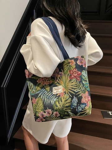 Borsa Shopping in Tela Jacquard Floreale Stile Cinese Retrò Grande Capacità Borsa a Spalla Donna Pendolare Motivo Foglia Tropicale