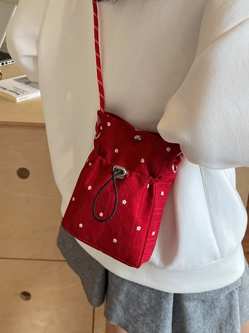 Petit Sac Bandoulière en Toile Florale pour Femme Sac de Téléphone Portable Style Japonais Imprimé Cordon de Serrage