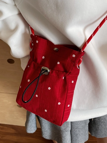 Petit Sac Bandoulière en Toile Florale pour Femme Sac de Téléphone Portable Style Japonais Imprimé Cordon de Serrage