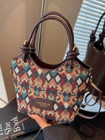 Borsa a Secchiello in Tessuto PU Retrò da Donna Borsa a Tracolla a Griglia Geometrica a Diamante Borsa a Mano Semplice Urbana Per Moda Quotidiana