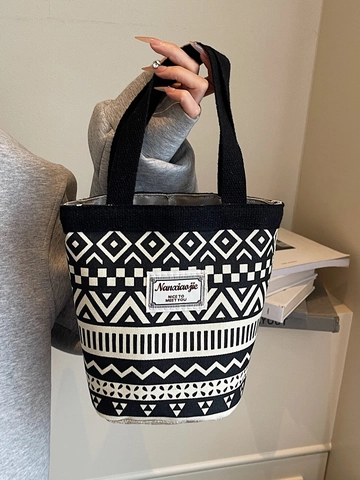 Ethno Geometrischer Druck Canvas Bucket Bag Für Damen Retro Gewebtes Etikett Tragbare Handtasche Mit Griff Casual Alltags Tasche