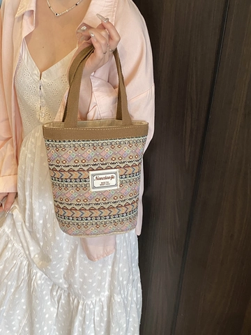 Borsa a Secchiello in Tela Intrecciata Etnica Bohemien Per Donna Borsa a Mano Vintage Con Motivo Geometrico Casual Tote Leggera