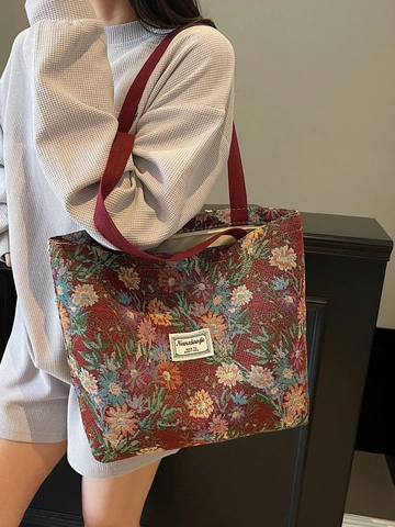 Borsa Tote in Tela Jacquard Floreale Vintage Grande Capacità Borsa a Tracolla Pendolare da Donna Borsa in Tessuto Stampato Retro