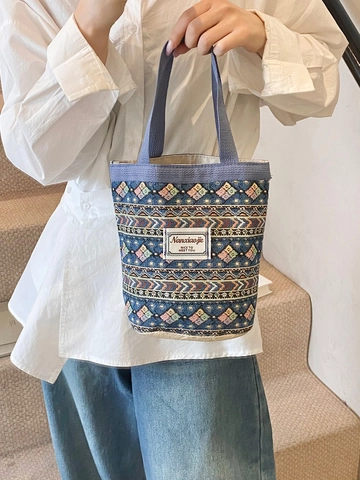 Borsa a Secchiello in Tela Intrecciata Etnica Bohemien Per Donna Borsa a Mano Vintage Con Motivo Geometrico Casual Tote Leggera