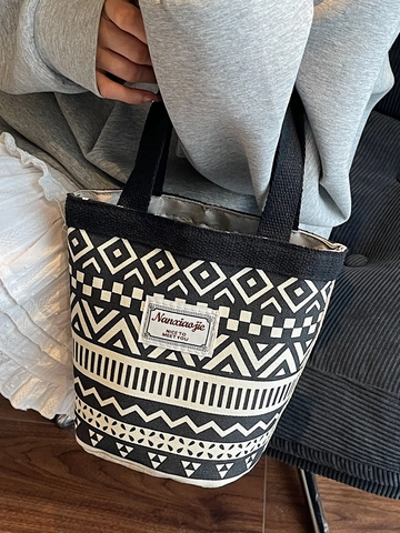 Ethno Geometrischer Druck Canvas Bucket Bag Für Damen Retro Gewebtes Etikett Tragbare Handtasche Mit Griff Casual Alltags Tasche