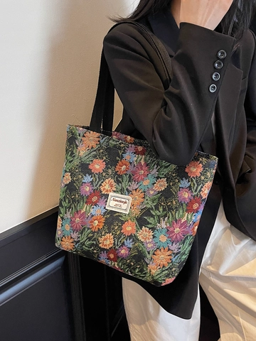 Borsa Tote in Tela Jacquard Floreale Vintage Grande Capacità Borsa a Tracolla Pendolare da Donna Borsa in Tessuto Stampato Retro