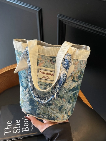 Borsa a Secchiello Floreale Jacquard Vintage per Donna Borsa a Mano in Tela di Moda Con Manico in Foulard di Seta Decorativo