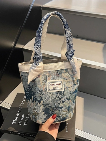 Borsa a Secchiello Floreale Jacquard Vintage per Donna Borsa a Mano in Tela di Moda Con Manico in Foulard di Seta Decorativo
