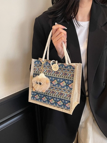 Borsa Tote Etnica Tessuta da Donna Modello Geometrico Retrò Tela di Lino Borsa a Mano Con Manico in Corda e Ciondolo Mostro di Peluche
