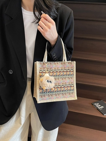 Borsa Tote Etnica Tessuta da Donna Modello Geometrico Retrò Tela di Lino Borsa a Mano Con Manico in Corda e Ciondolo Mostro di Peluche