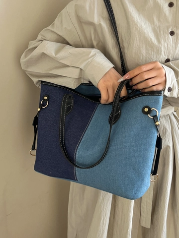 Mode Grote Capaciteit Denim Tote Tas Voor Vrouwen Gespleten Kleurblok Schoudertas Met PU Leren Riemen Casual Woon Werk Tas
