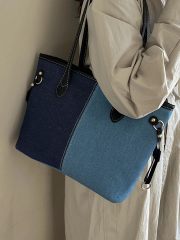 Mode Grote Capaciteit Denim Tote Tas Voor Vrouwen Gespleten Kleurblok Schoudertas Met PU Leren Riemen Casual Woon Werk Tas