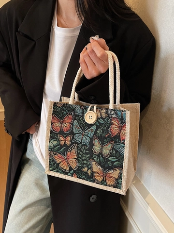 Borsa Tote in Tela con Farfalle e Fiori Vintage Stile Giapponese Mini Borsa da Pranzo con Bottone in Legno e Manico in Corda da Donna