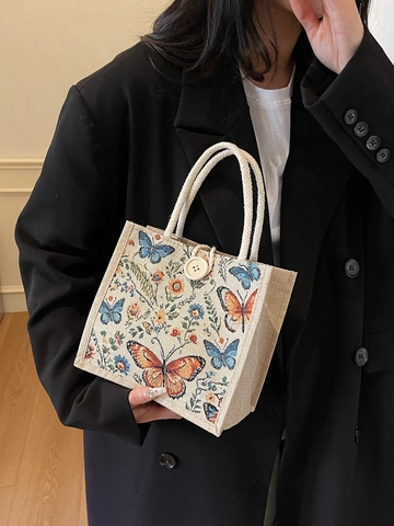 Borsa Tote in Tela con Farfalle e Fiori Vintage Stile Giapponese Mini Borsa da Pranzo con Bottone in Legno e Manico in Corda da Donna