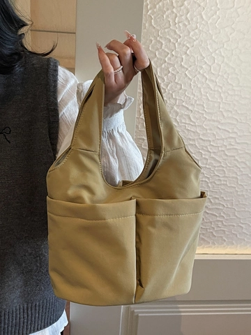 Große Kapazität Segeltuch Beuteltasche Mit Doppelten Vordertaschen Koreanisch Stil Lässig Leichte Tote Für Damen Alltag