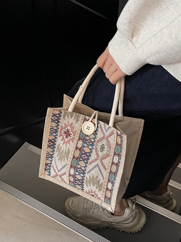 Borsa Tote Etnica Bohemian Intrecciata da Donna Borsa a Mano in Cotone e Lino con Motivo Geometrico Vintage e Bottone in Legno