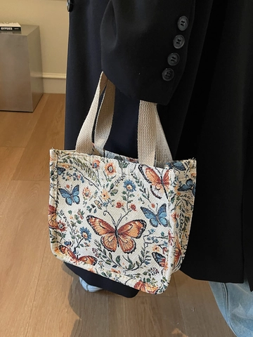 Borsa Tote in Tela con Fiori e Farfalle Vintage da Donna Borsa a Tracolla Stampata di Grande Capacità Borsa a Mano Jacquard Casual