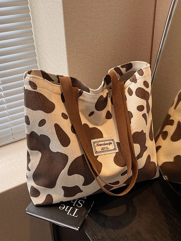 Mode Kuhmuster Cord Tote Bag Große Kapazität Schulterhandtasche Koreanischer Stil Lässige Pendler Einkaufstasche Für Damen