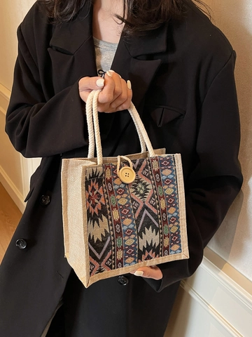 Borsa Tote Etnica Bohemian Intrecciata da Donna Borsa a Mano in Cotone e Lino con Motivo Geometrico Vintage e Bottone in Legno