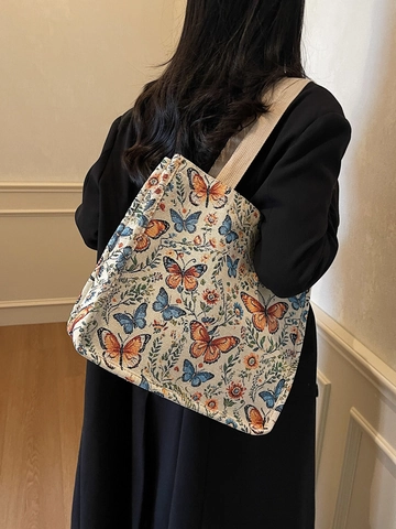 Borsa Tote in Tela con Fiori e Farfalle Vintage da Donna Borsa a Tracolla Stampata di Grande Capacità Borsa a Mano Jacquard Casual