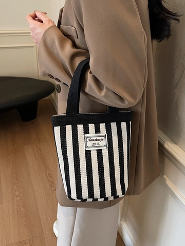 Damen Mode Gestreifte Canvas Eimer Tasche Tragbare Handtasche Für Den Täglichen Weg Lässig Längsstreifen Tote Bag
