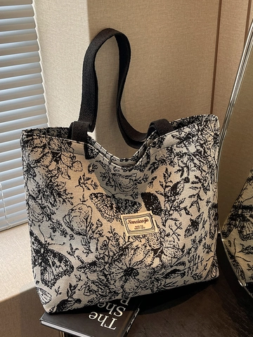 Vintage Butterfly Floral Print Canvas Tote Bag For Women Large Capacity Shopping Shoulder Bag With Zipper Lining