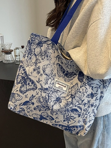 Bolso Tote de Lona de Gran Capacidad para Mujer Estampado Floral de Mariposa Bolso de Hombro Vintage Bolso de Compras Retro Francés Casual