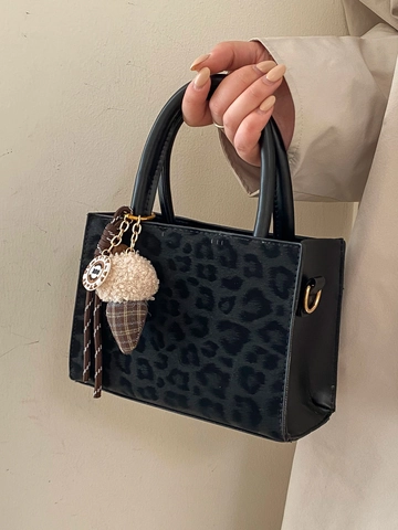 Retro Leopard Print PU Leather Tote Bag For Women Fashion Shoulder Bag With Plush Ice Cream Pendant Commute Handbag