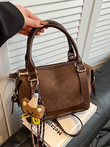 Retro Damen Patchwork PU Leder Boston Tasche Große Kapazität Ziernaht Handtasche Schulter Umhängetasche Mit Bär Anhänger