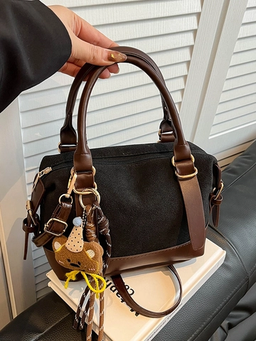 Retro Damen Patchwork PU Leder Boston Tasche Große Kapazität Ziernaht Handtasche Schulter Umhängetasche Mit Bär Anhänger