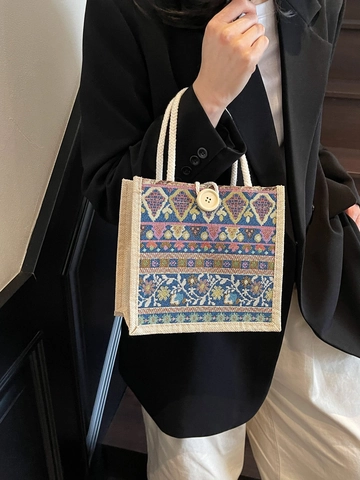 Bohemian Ethnic Style Canvas Tote Bag For Women Woven Rope Handle Geometric Floral Pattern Handbag Daily Casual Commute