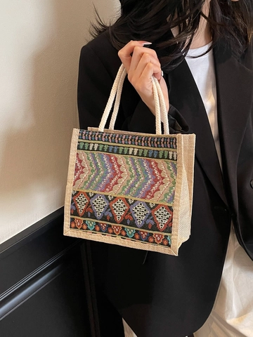Bohemian Ethnic Style Canvas Tote Bag For Women Woven Rope Handle Geometric Floral Pattern Handbag Daily Casual Commute