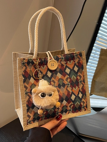 Vintage Geometrische Rauten Leinwand Tote Bag Für Damen Casual Gewebte Handtasche Mit Holzknopf Und Plüsch Monster Anhänger Tasche