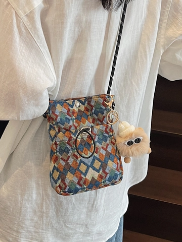 Kleine Dames Canvas Schoudertas Geometrische Diamant Patroon Telefoontasje Met Pluche Hanger Casual Schoudertas