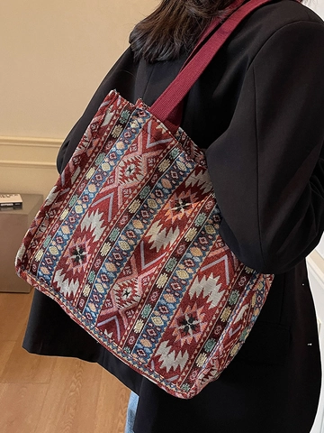 Sac Cabas Femme Style Ethnique Bohémien Motif Géométrique Toile Sac à Épaule Grande Capacité Sac à Main Voyage