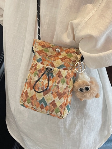 Vintage Bohemien Geometrische Gewebte Umhängetasche Für Damen Retro Segeltuch Handytasche Mit Plüsch Monster Anhänger