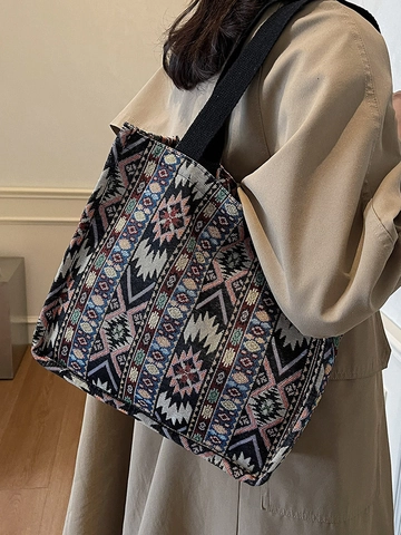 Sac Cabas Femme Style Ethnique Bohémien Motif Géométrique Toile Sac à Épaule Grande Capacité Sac à Main Voyage