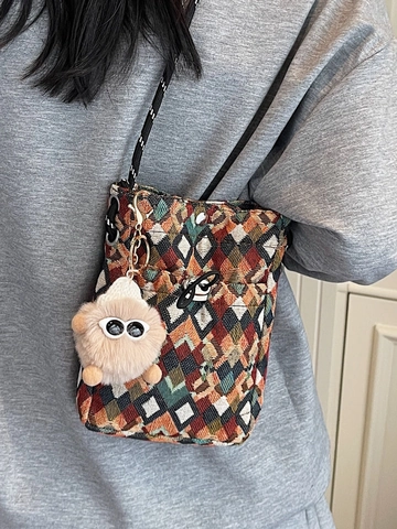 Kleine Dames Canvas Schoudertas Geometrische Diamant Patroon Telefoontasje Met Pluche Hanger Casual Schoudertas