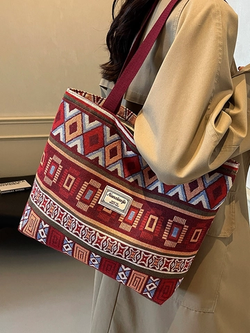 Borsa Tote in Tela Bohemien Donna Grande Capacità Borsa a Tracolla Etnica Intrecciata Borsa a Secchiello Jacquard retrò