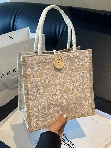 Vintage Rose Jacquard Canvas Tote Bag For Women Wooden Button Flower Handbag Casual Fashion Small Square Shoulder Bag Gift