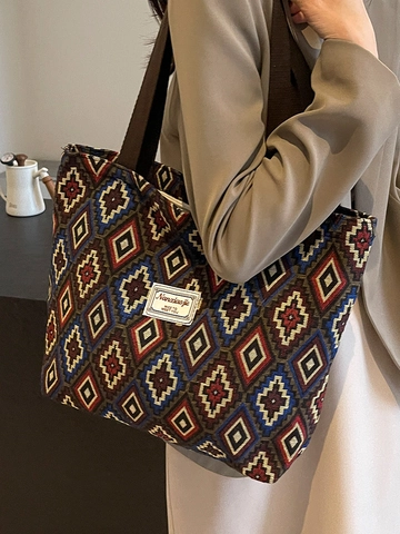 Borsa Tote in Tela Grande Capacità per Donna Vintage Etnico Geometrico Stampato Borsa a Tracolla Retro Pendolare Borsa a Mano