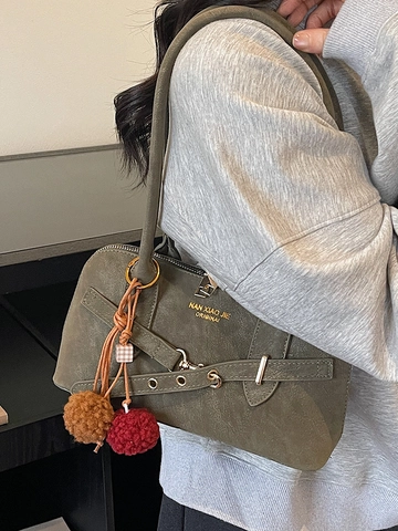 Vintage PU Leren Schelp Schoudertas Met Pompon Hanger Retro Hobo Tas Effen Kleur Handtas Met Rits Dames