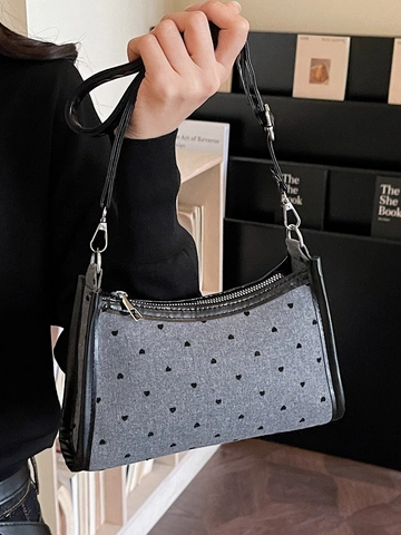 Borsa Sottobraccio Francese di Nicchia da Donna Grigia in PU con Pois Fiocco Cuore Borsa a Tracolla Versatile