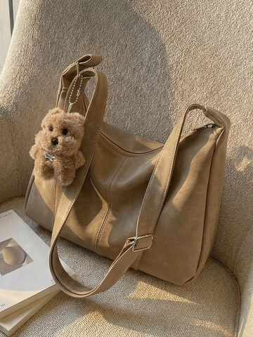 Vintage Γυναικεία Τσάντα Crossbody από Δέρμα PU Μεγάλη Χωρητικότητα Μόδα Τσάντα Ώμου Dumpling Ρετρό Hobo Tote Bag Με Μενταγιόν Αρκουδάκι