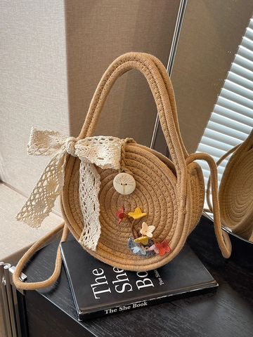Dames Ronde Katoenen Geweven Schoudertas Zomer Strand Stro Messenger Bag Met Kant Strik Bloem Decoratie Boheemse Handtas