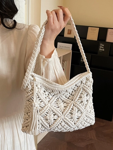 Bohemian Hand Woven Cotton Macrame Shoulder Bag For Women Summer Beach Vacation Tassel Decor Small Square Crossbody Bag